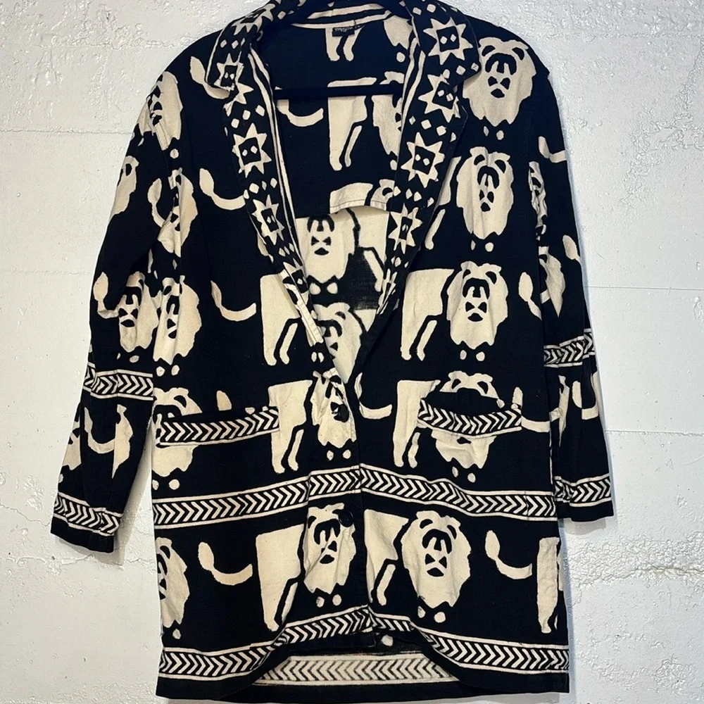 Women’s Black/white African print 100% cotton lion vintage blazer two button - Picture 3 of 16